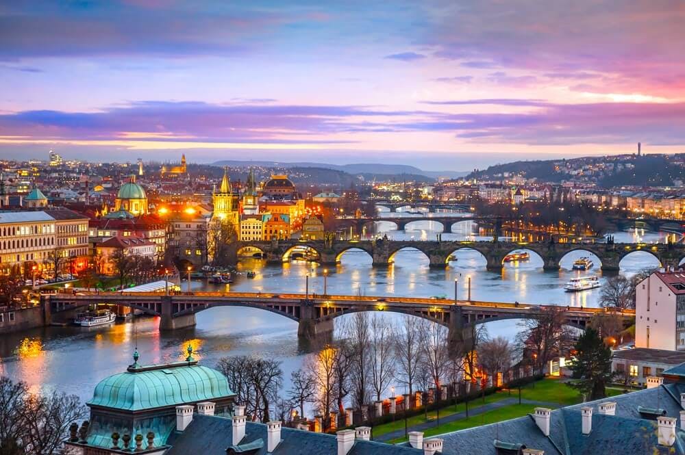 Dusk in Prague, a city with reputable breast reduction clinics.
