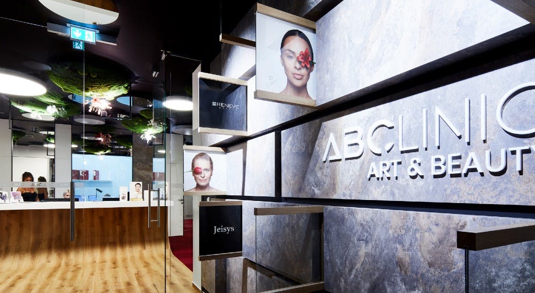 Modern entrance area at ABClinic Art & Beauty in Prague, Czech Republic.
