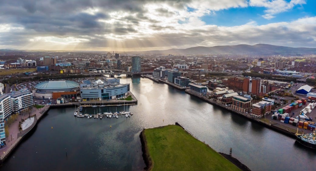 Arial view above the city of Belfast, UK.